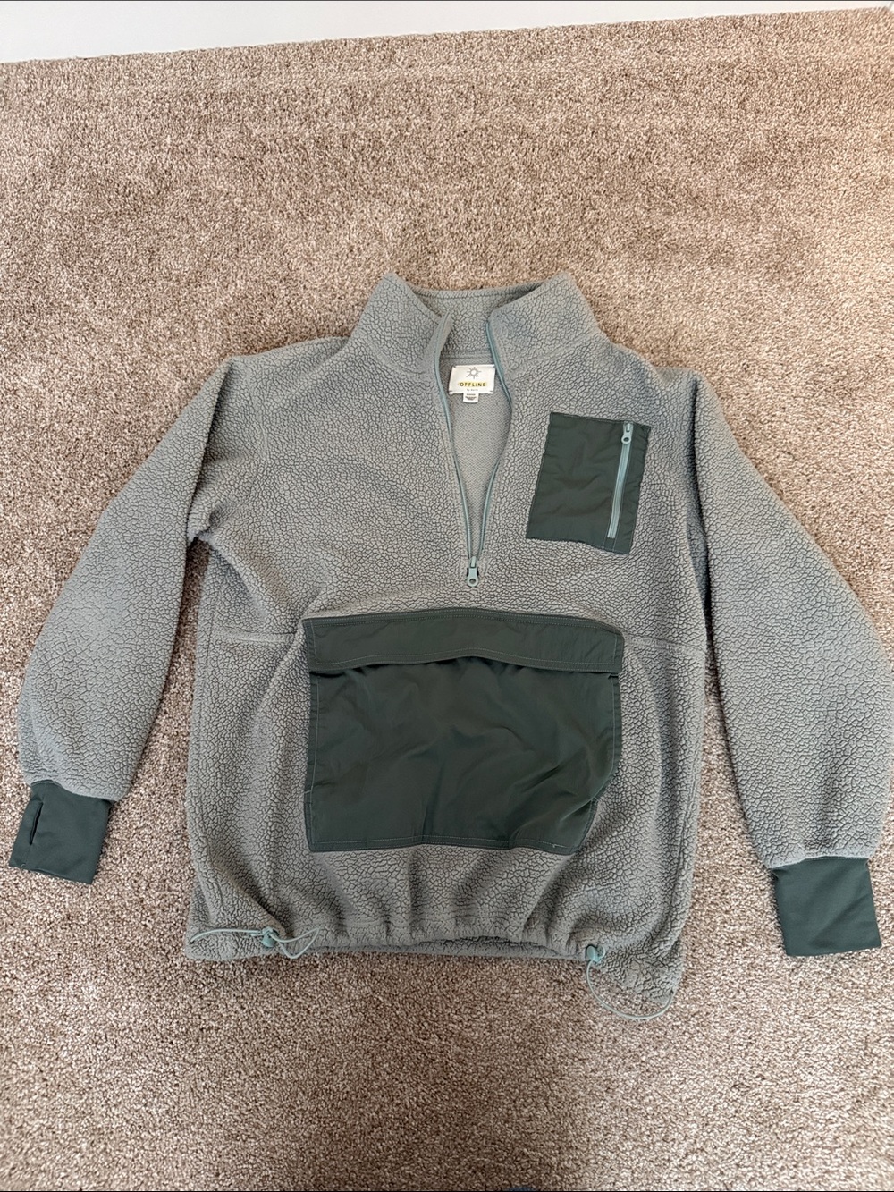 aerie OFFLINE Sherpa Half-Zip Pullover in Light Green with Pale Blue Trim
